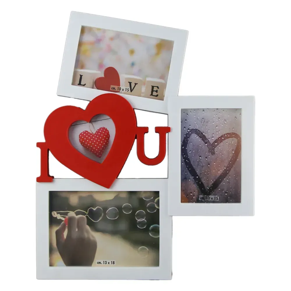 إطار صور "I LOVE U" جداري - أبيض وأحمر بتصميم عصري